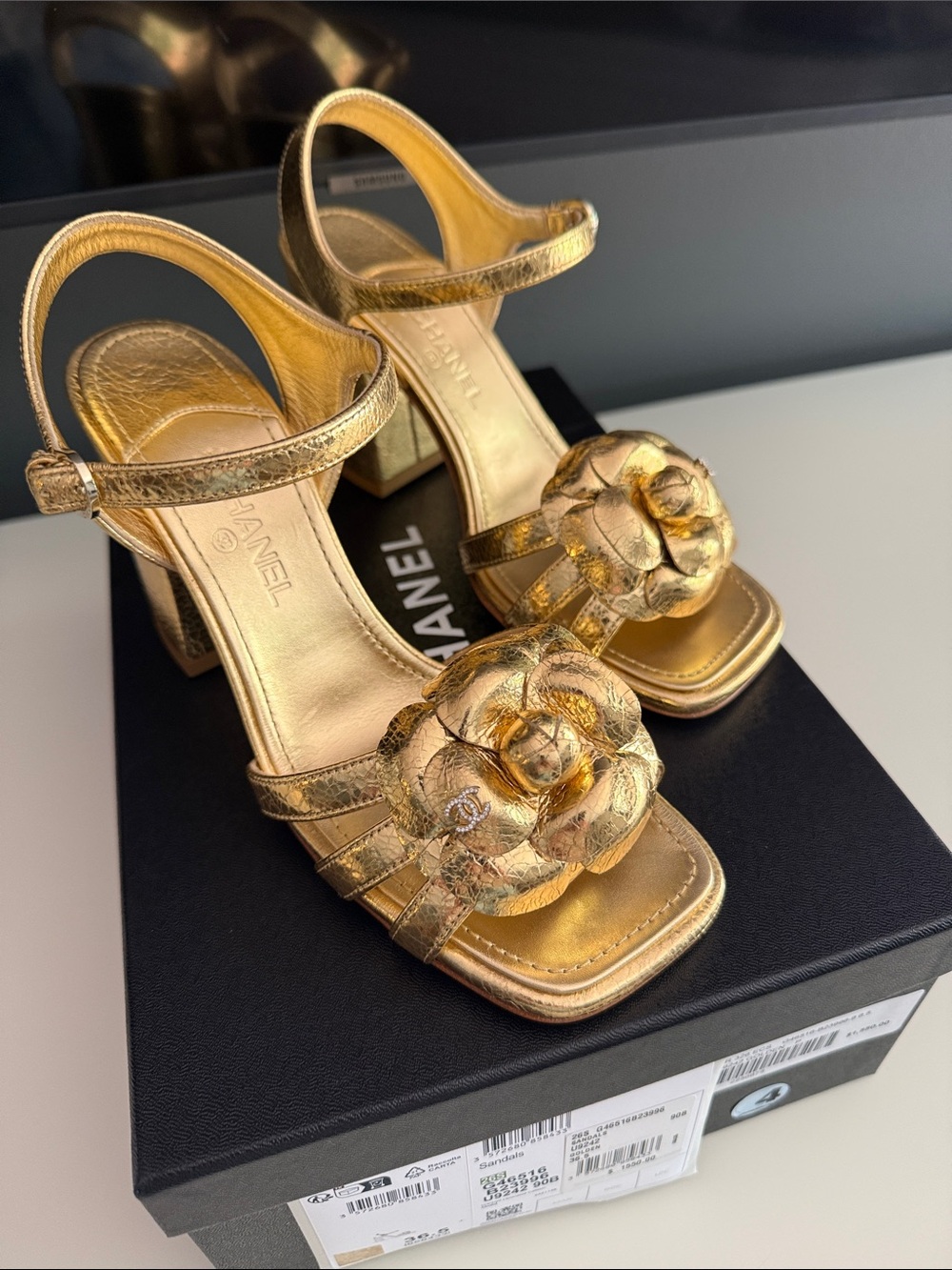 CHANEL Metallic Gold Camellia Strap Block Heels